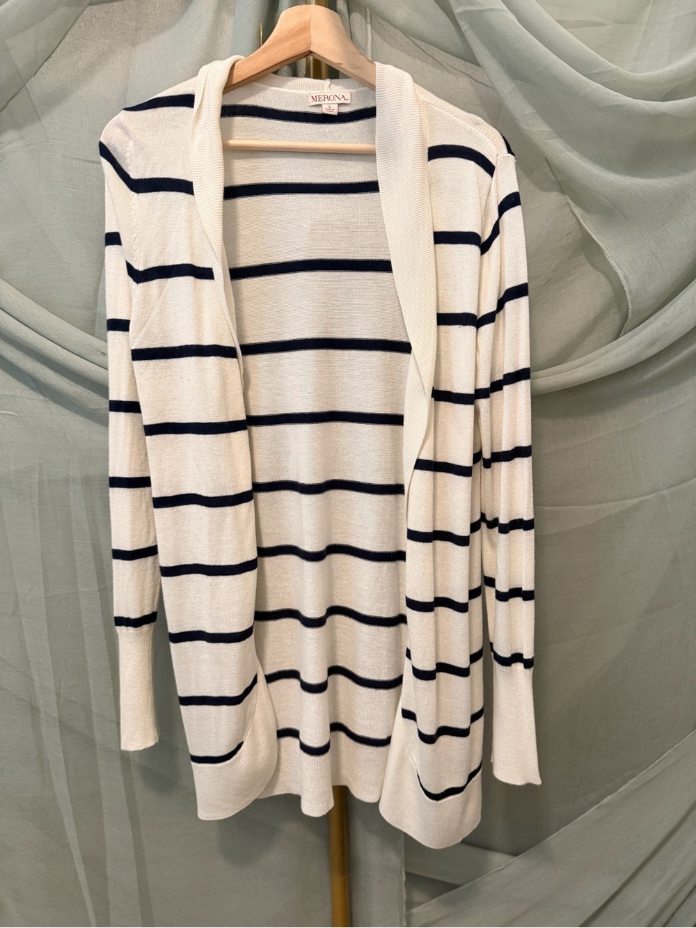 Merona Cream and Navy Striped Open Cardigan - Picture 2 of 5